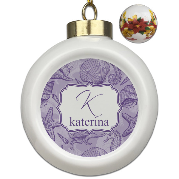 Custom Sea Shells Ceramic Ball Ornaments - Poinsettia Garland (Personalized)