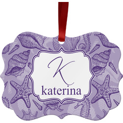 Sea Shells Metal Frame Ornament - Double Sided w/ Name and Initial