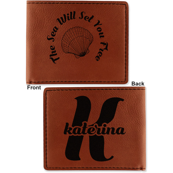 Sea Shells Cognac Leatherette Bifold Wallets - Front and Back