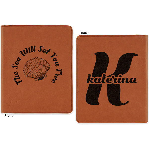 Sea Shells Cognac Leatherette Zipper Portfolios with Notepad - Double Sided - Apvl