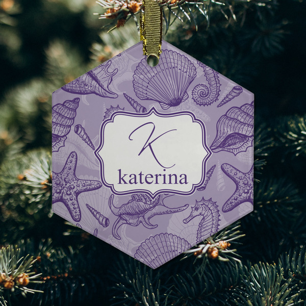 Sea Shells Frosted Glass Ornament - Hexagon (Lifestyle)