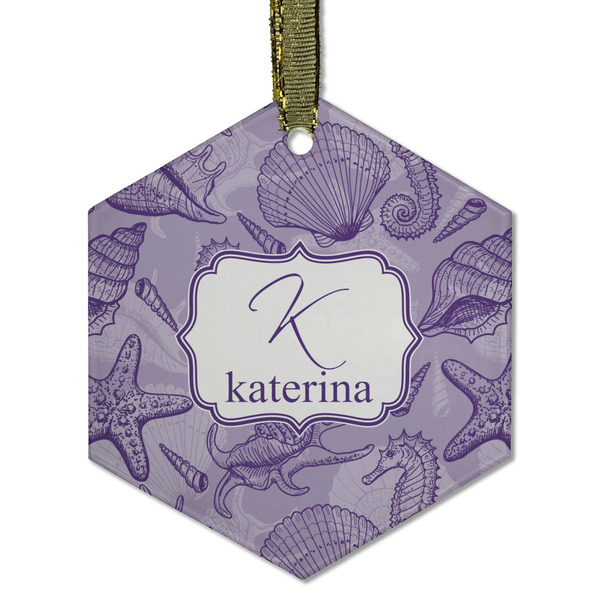 Custom Sea Shells Flat Glass Ornament - Hexagon w/ Name and Initial