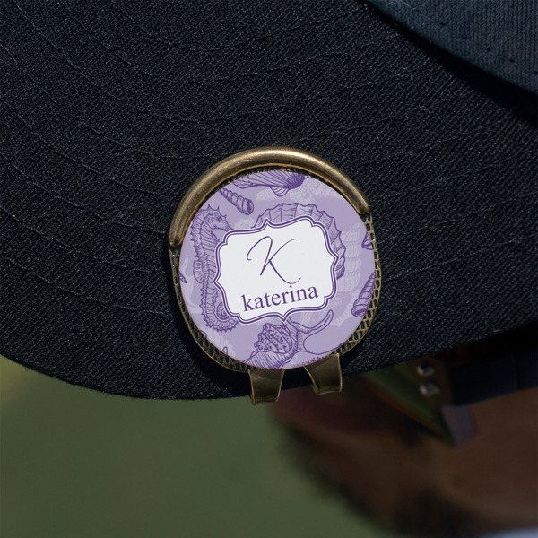 Sea Shells Golf Ball Marker Hat Clip - Gold - On Hat