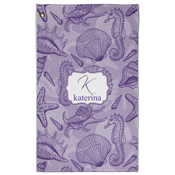 Custom Sea Shells Golf Towel - Poly-Cotton Blend w/ Name and Initial