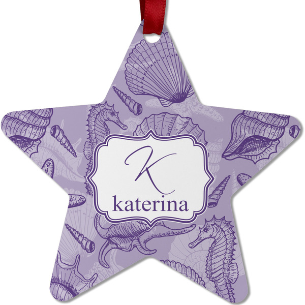 Custom Sea Shells Metal Star Ornament - Double Sided w/ Name and Initial