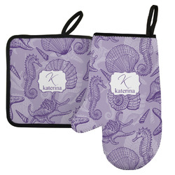 Sea Shells Left Oven Mitt & Pot Holder Set w/ Name and Initial