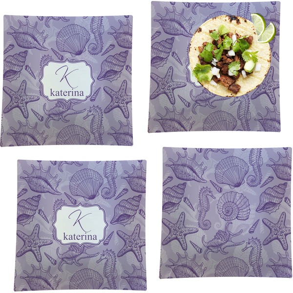 Custom Sea Shells Set of 4 Glass Square Lunch / Dinner Plate 9.5" (Personalized)