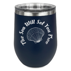 Sea Shells Stemless Stainless Steel Wine Tumbler - Navy - Double Sided (Personalized)