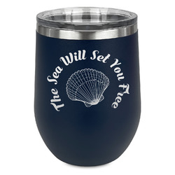Sea Shells Stemless Stainless Steel Wine Tumbler - Navy - Single Sided (Personalized)