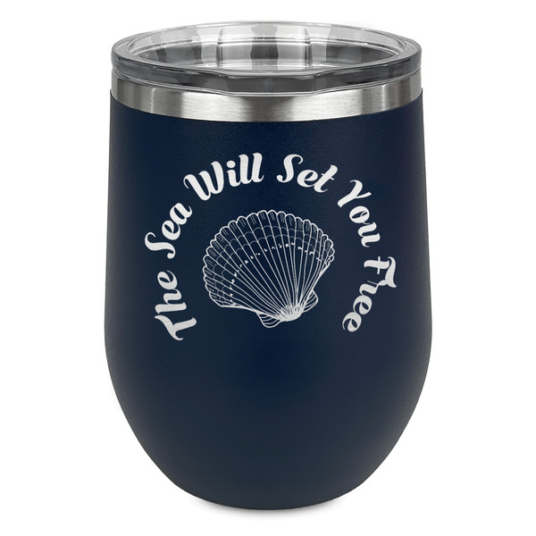 Custom Sea Shells Stemless Stainless Steel Wine Tumbler - Navy - Single Sided (Personalized)