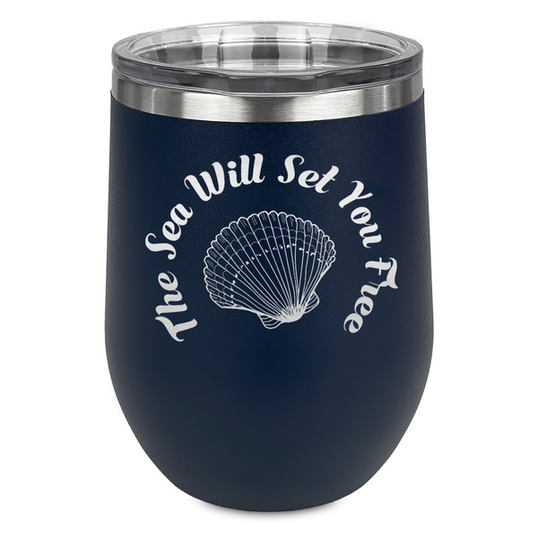 Sea Shells Stainless Wine Tumblers - Navy - Single Sided - Front