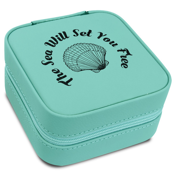 Custom Sea Shells Travel Jewelry Box - Teal Leather (Personalized)