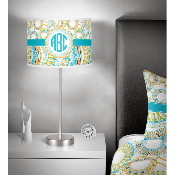 Teal Circles & Stripes 13 inch drum lamp shade - in room