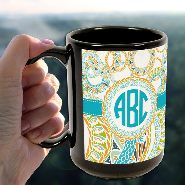 Teal Circles & Stripes 15oz. Black Mug - LIFESTYLE