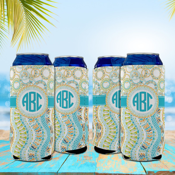 Teal Circles & Stripes 16oz Can Sleeve - Set of 4 - LIFESTYLE