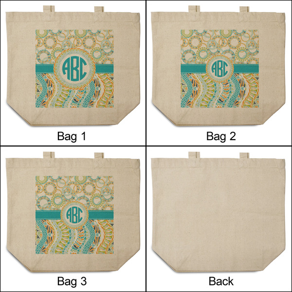 Teal Circles & Stripes 3 Reusable Cotton Grocery Bags - Front & Back View