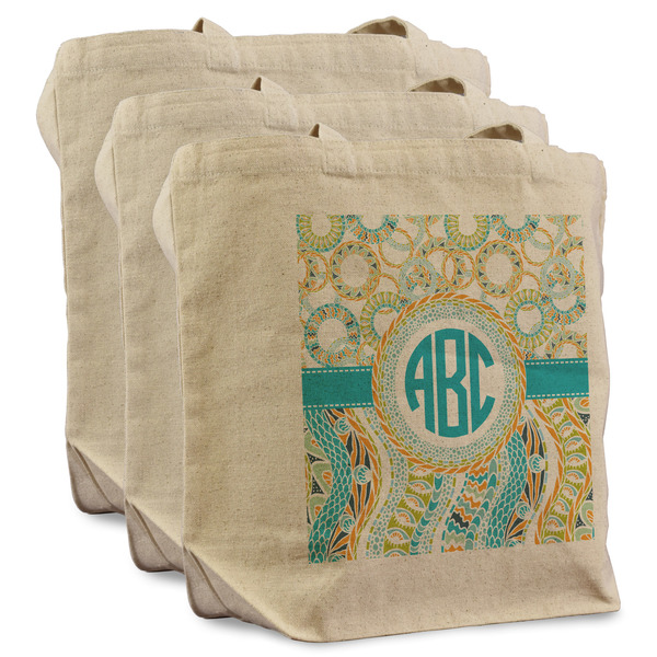Custom Teal Circles & Stripes Reusable Cotton Grocery Bags - Set of 3 (Personalized)