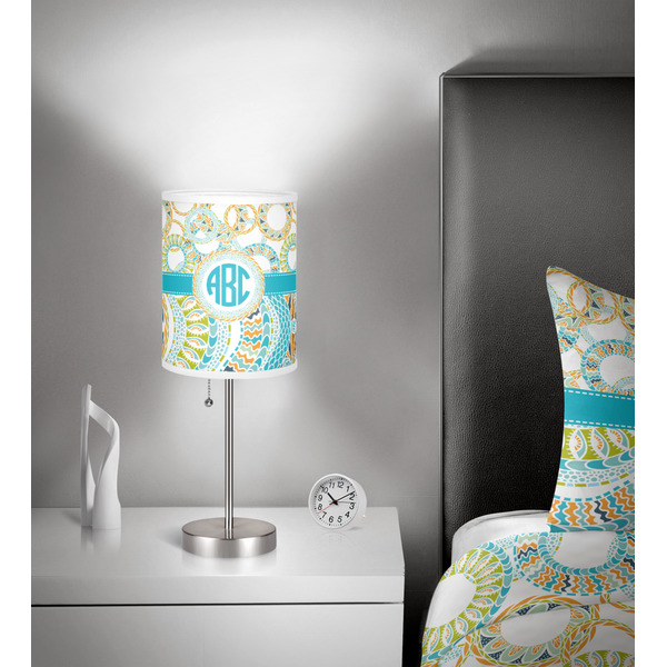 Teal Circles & Stripes 7 inch drum lamp shade - in room