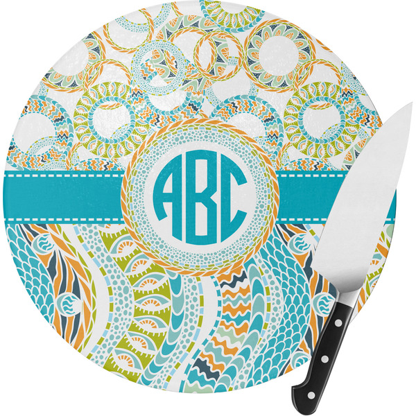 Custom Teal Circles & Stripes Round Glass Cutting Board - Small (Personalized)