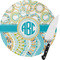 Teal Circles & Stripes Round Glass Cutting Board - Small (Personalized)
