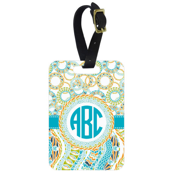 Custom Teal Circles & Stripes Metal Luggage Tag w/ Monogram