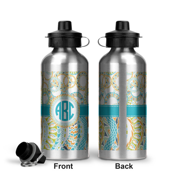 Teal Circles & Stripes Aluminum Water Bottle - Front and Back