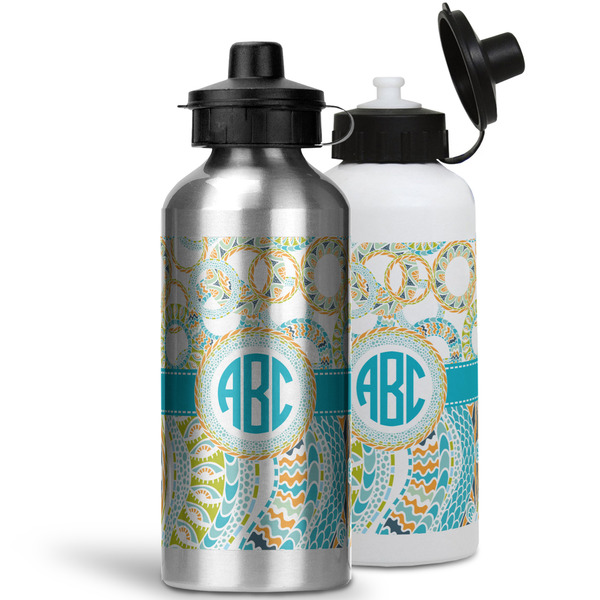 Teal Circles & Stripes Aluminum Water Bottles - MAIN (white &silver)