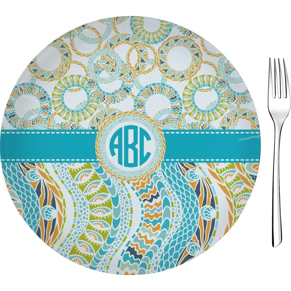 Custom Teal Circles & Stripes Glass Appetizer / Dessert Plate 8" (Personalized)