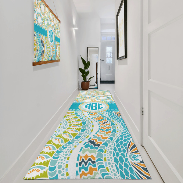 Teal Circles & Stripes Area Rug Sizes - In Context (vertical)