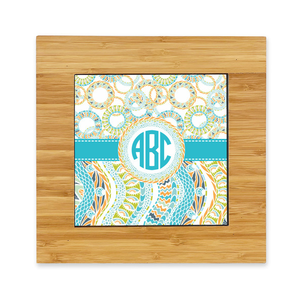 Custom Teal Circles & Stripes Bamboo Trivet with Ceramic Tile Insert (Personalized)