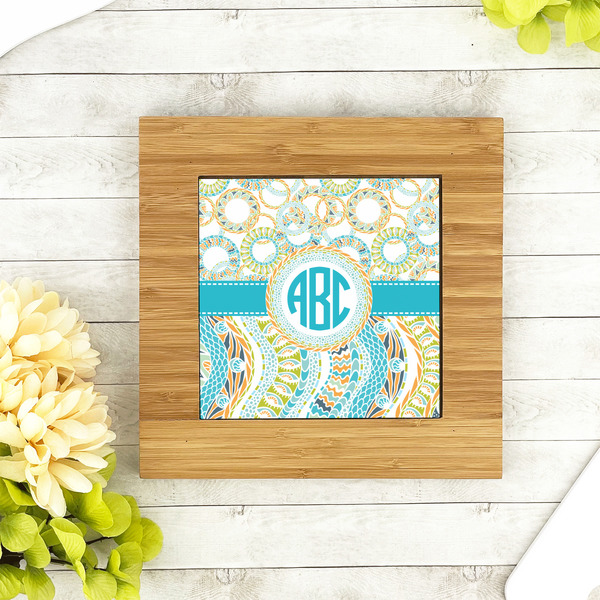 Teal Circles & Stripes Bamboo Trivet with 6" Tile - LIFESTYLE