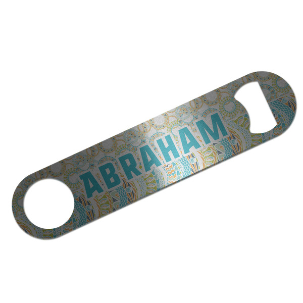 Teal Circles & Stripes Bar Opener - Silver - Front