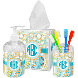 Teal Circles & Stripes Acrylic Bathroom Accessories Set w/ Monogram