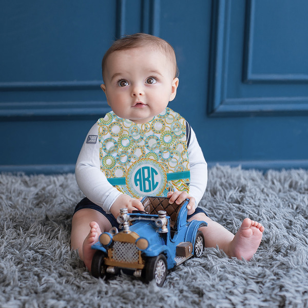 Teal Circles & Stripes Bib Lifestyle Boy