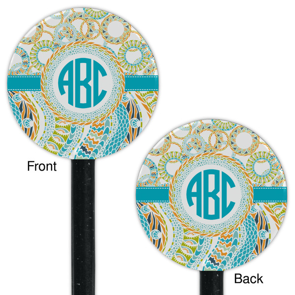 Teal Circles & Stripes Black Plastic 5.5" Stir Stick - Double Sided - Round - Front & Back