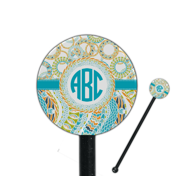 Custom Teal Circles & Stripes 5.5" Round Plastic Stir Sticks - Black - Single Sided (Personalized)