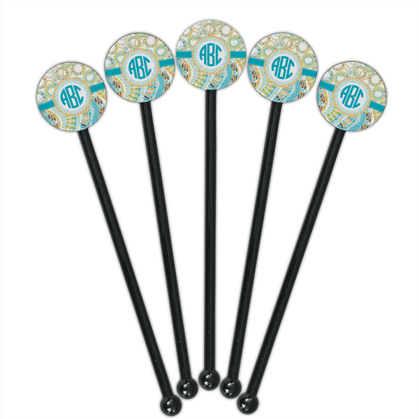 Teal Circles & Stripes Black Plastic 5.5" Stir Stick - Round - Fan View