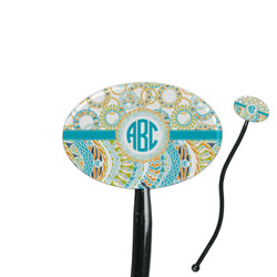 Teal Circles & Stripes 7" Oval Plastic Stir Sticks - Black - Double Sided (Personalized)