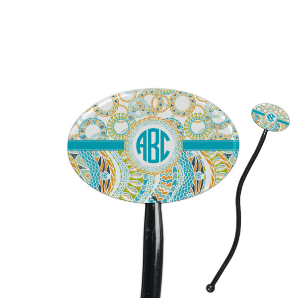 Custom Teal Circles & Stripes 7" Oval Plastic Stir Sticks - Black - Double Sided (Personalized)