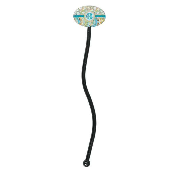 Teal Circles & Stripes Black Plastic 7" Stir Stick - Oval - Single Stick