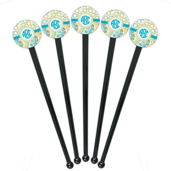 Teal Circles & Stripes Black Plastic 7" Stir Stick - Round - Fan View