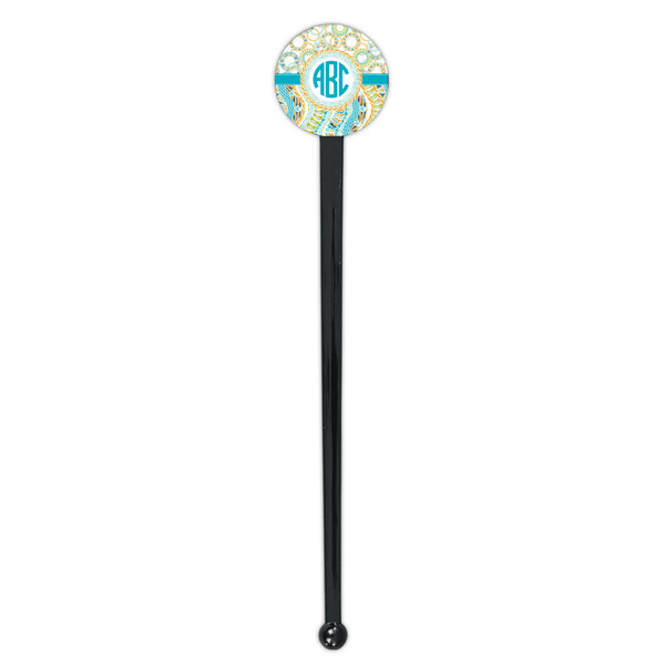 Teal Circles & Stripes Black Plastic 7" Stir Stick - Round - Single Stick