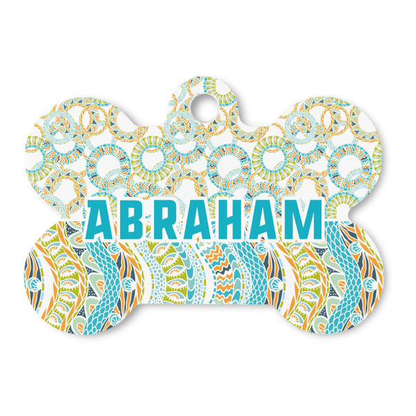 Custom Teal Circles & Stripes Bone Shaped Dog ID Tag (Personalized)