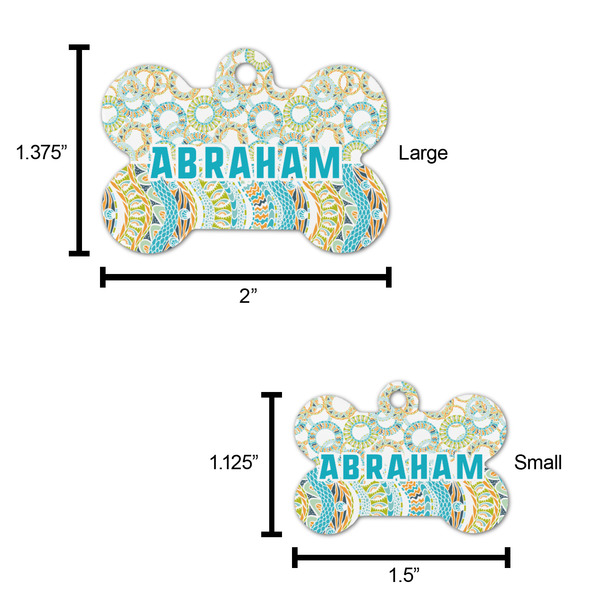 Teal Circles & Stripes Bone Shaped Dog ID Tag - Large - Scale