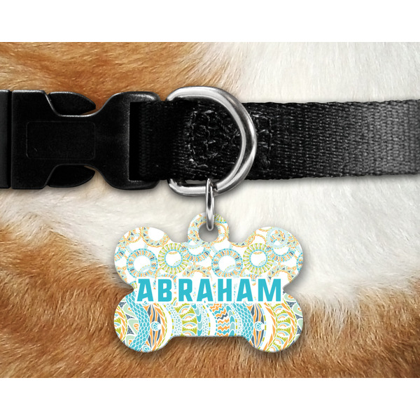Teal Circles & Stripes Bone Shaped Dog Tag on Collar & Dog