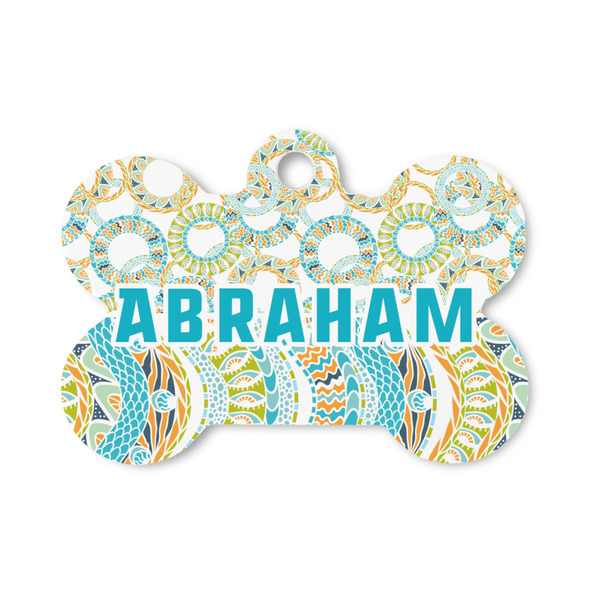 Custom Teal Circles & Stripes Bone Shaped Dog ID Tag - Small (Personalized)