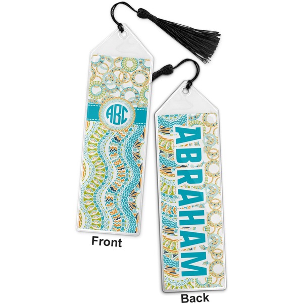 Teal Circles & Stripes Bookmark with tassel - Front and Back