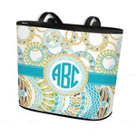 Teal Circles & Stripes Bucket Tote w/ Genuine Leather Trim (Personalized)