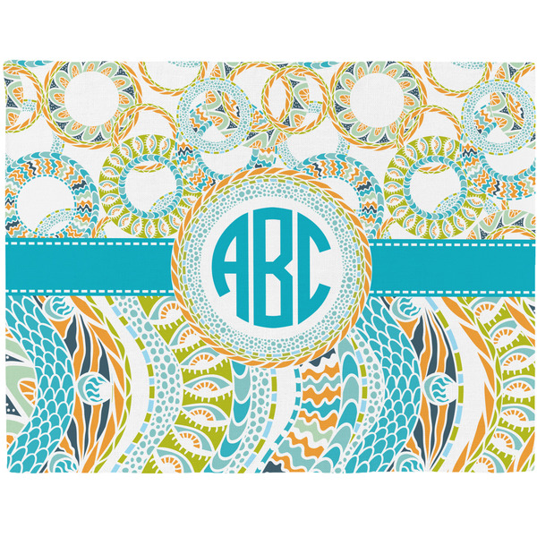 Custom Teal Circles & Stripes Woven Fabric Placemat - Twill w/ Monogram