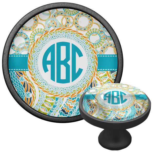 Teal Circles & Stripes Cabinet Knob - Black - Multi Angle